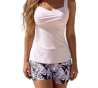 Two-Piece Body-Covering Printed Boxer Swimsuit, Women's Bathing Suit with Board Shorts for Beach, Vacation Activities. (Light Pink,Grand)