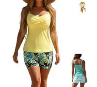 Two-Piece Body-Covering Printed Boxer Swimsuit,Women's Tankini Bathing Suit,Backless Shirred Slim Fit Body Bikini Swimwear (FR/ES, Alpha/Lettres, 3TG, Taille Normale, Taille Normale, Yellow)