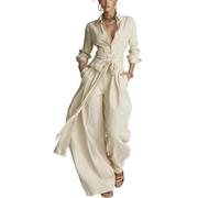 Two Piece Pants Set For Women Collared Button Top High Waist Wide Leg Pants (Apricot,XXL)