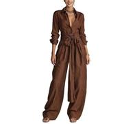Two Piece Pants Set For Women Collared Button Top High Waist Wide Leg Pants (Coffee,XL)