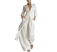 Two Piece Pants Set For Women Collared Button Top High Waist Wide Leg Pants (White,XXL)