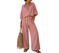 Two Piece Set for Women Striped Button Down Shirt Wide Leg Pants | Relaxed Button Down Shirt Long Sleeve Styling Adjustable Drawstring Waist Wide Leg Pants Easy Coordinated Dressing