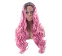 Two Tone Black Roots Long Wavy Black Grey Ombre Wig Synthetic Hair Natural Blue Pink Blonde Cosplay Wigs For Women OneSize pink