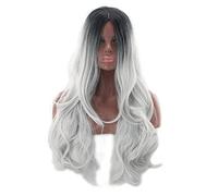 Two Tone Black Roots Long Wavy Black Grey Ombre Wig Synthetic Hair Natural Blue Pink Blonde Cosplay Wigs For Women OneSize blackgrey