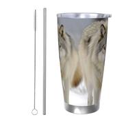 two wolves walking in the snow Gobelet isotherme en acier inoxydable de 591 ml avec couvercle et paille, tasse de voyage à double paroi pour chaud/froid, tasse thermique anti-déversement pour la