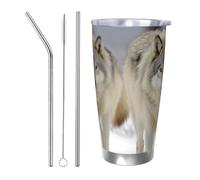 two wolves walking in the snow Gobelet isotherme en acier inoxydable de 591 ml avec couvercle et paille, tasse de voyage à double paroi pour chaud/froid, tasse thermique anti-déversement pour la