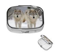 Two Wolves Walking in The Snow Pilulier à 2 compartiments, petite boîte à pilules pour sac à main et poche, pilulier en métal avec miroir, organiseur de pilules de voyage quotidien, porte-médicaments