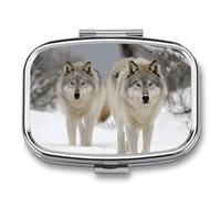 Two Wolves Walking in The Snow Pilulier de voyage portable à 2 compartiments avec miroir carré en métal Boîte de rangement pour médicaments pour contenir des vitamines et de l'huile de poisson