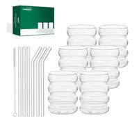 twoant Lot de 6 verres à boire nervurés avec pailles en verre de 388,5 g - Verres à bulles esthétiques pour café glacé - Ensemble de verres à eau soda avec brosse de nettoyage
