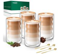 twoant Tasse à Café Double Paroi, 4 x 400 ml Tasse Verre Double Paroi Ensemble, Verres à Expresso avec 4 Cuillères Convient pour latte, macchiato, cappuccino, bière, lait, thé