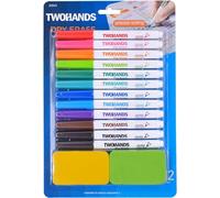 TWOHANDS Feutres Tableau Blanc Effaçables avec 2 gommes, Marqueurs pointe Ultra Fine 0,7 mm, Faiblement Odorants, Assortiment de 11 Couleurs, 12 Pièces,20543