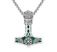 Twoowl Mjölnir Collier en argent sterling avec pendentif en malachite Viking Odin Marteau de Thor Collier corbeau avec runes nordiques Bijoux Cadeau pour femme et homme