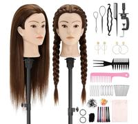 TwoWin 24 pouces (60cm) Tête à Coiffer Professionnelle, Tête a Coiffer 80% Vrai Cheveux Humains, Têtes d'exercice Coiffure avec Oreilles Percées, Support de pince + Ensemble de Tresse (Brun Foncé)
