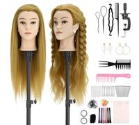 TwoWin 24 pouces (60cm) Tête à Coiffer Professionnelle, Tête a Coiffer 80% Vrai Cheveux Humains, Têtes d'exercice Coiffure avec Oreilles Percées, Support de pince + Ensemble de Tresse (Doré)
