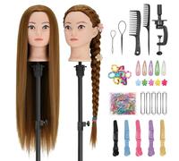 TwoWin 28 pouces (71cm) Tête à Coiffer Professionnelle, Tête a Coiffer 100% Vrai Cheveux Synthétiques, Têtes d'exercice Coiffure avec Oreilles Percées, Support pince + Ensemble de Tresse (Brun Clair)