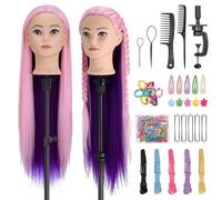 TwoWin 28 pouces (71cm) Tête à Coiffer Professionnelle, Tête a Coiffer 100% Vrai Cheveux Synthétiques, Têtes d'exercice Coiffure avec Oreilles Percées, Support Pince + Kit Tresses (Rose+Violet)