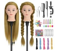 TwoWin 28 pouces (71cm) Tête à Coiffer Professionnelle, Tête a Coiffer 100% Vrai Cheveux Synthétiques, Têtes d'exercice Coiffure avec Oreilles Percées, Support de pince + Ensemble de Tresse (Blond)