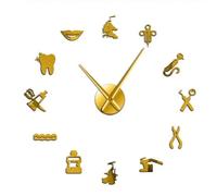 TXLEAPEY Horloge Murale 3D autocollante for praticiens dentaires, Outils de Dentiste, Clinique, stomatologie, hôpital, orthodontie, décoration de Chambre, Horloge sans Cadre(Gold)