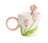TXLEAPEY Mug en céramique 500 ml à motif tulipe 3D avec cuillère et anse ergonomique sculptée la main. Idéal for le café, petit-déjeuner, lait ou gruau(Pink)
