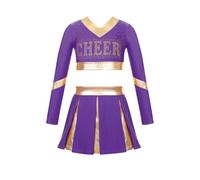 TXLEAPEY Uniforme de pom-pom girl for enfants filles, tenue de spectacle de danse de joie, haut court à manches longues avec lettres imprimées en strass avec jupe plissée(Purple,6)