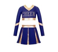 TXLEAPEY Uniforme de pom-pom girl for enfants filles, tenue de spectacle de danse de joie, haut court à manches longues avec lettres imprimées en strass avec jupe plissée(Deep Blue,12)