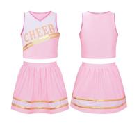 TXLEAPEY Uniforme de pom-pom girl for enfants filles, vêtements de danse de joie, sans manches, décolleté en V, lettre imprimée, haut court avec jupe à ceinture élastique(Light Pink,16)