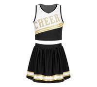 TXLEAPEY Uniforme de pom-pom girl for enfants filles, vêtements de danse de joie, sans manches, décolleté en V, lettre imprimée, haut court avec jupe à ceinture élastique(Black,6)
