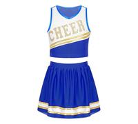 TXLEAPEY Uniforme de pom-pom girl for enfants filles, vêtements de danse de joie, sans manches, décolleté en V, lettre imprimée, haut court avec jupe à ceinture élastique(Blue,10)