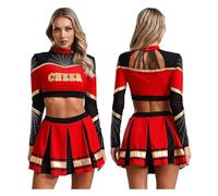 TXLEAPEY Uniforme de pom-pom girl for femmes, 2 pièces, Costume de danse de fête d'école de basket-ball, haut court à paillettes à manches longues avec ensemble de jupe plissée(Red,M)