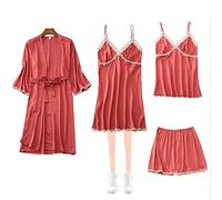 TXQHD Ensembles de Pyjama 4 pièces en Soie Ensembles de Chemise de Nuit en Satin à col en V pour Femmes avec Short Caraco Chemise de Nuit pour la Maison Cadeau de fête d'anniversaire Rouge BL