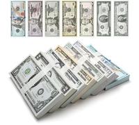TXXATX 210 Pièces Feuilles Argent Factice Faux Argent Contient 7 Valeurs Prop Money 1/2/5/10/20/50/100 Faux Billets Billets Dollar pour Étude Films Accessoires Magie Money Gun