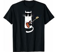 TY@FERDSA Funny Cat Wearing Sunglasses Playing Bass Guitar T-Shirt Black Manches Courtes(Large)
