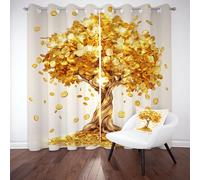 Tyafsgvqo Arbre de Pièce d'or Rideau 140x180 cm, Thermique Isolant Anti Froid, Rideau Pièce de Monnaie Bonne Chance, Lot de 2 Rideaux Occultant Opaque à Oeillets, pour Chambre, Salon, Chambre Enfant