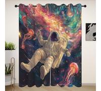 Tyafsgvqo Astronaute Méduse Rideau 118x138 cm Isolant Thermique, Rideau Galaxie Nébuleuse Univers Onirique - Rideaux Lot de 2 à Oeillets, Occultant Phonique Anti Bruit, pour Chambre, Fenêtre de Salon