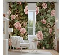 Tyafsgvqo Imprimé Léopard Fleur Rose Rideau Oeillets Occultant, Rideau Floral Guépard Romantique Rustique Thermique Anti Chaleur Anti Froid Rideaux Opaque pour Chambre Salon, Lot de 2 280x240 cm