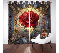 Tyafsgvqo Motif Floral Vitrail Coloré Rideau Occultant, Rideau Fleur de Rose Esthétique Rétro, Thermique Isolant Anti Froid, 140x240 cm Lot de 2 Rideaux à Oeillets, pour Chambre, Salon, Chambre Enfant