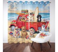 Tyafsgvqo Plage Camping Chiot Rideau Occultant Thermique, Rideau Chien de Dessin Animé, Anti Froid et Bruit, 234x137 cm Lot de 2 Rideaux Oeillets pour Chambre, Fenêtre de Salon