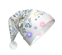 TYANG Bonnet de Père Noël imprimé fleurs bleues avec motif de roses et ruban lumineux LED