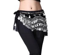 TYBGAU Boutique UK Sciarpa per Danza Del Ventre Con 248 Monete d'Argento, Cintura in Chiffon Con Frange per Performance Rave Costume Costumes de Danse Orientale(Svart)