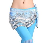 TYBGAU Boutique UK Sciarpa per Danza Del Ventre Con 248 Monete d'Argento, Cintura in Chiffon Con Frange per Performance Rave Costume Costumes de Danse Orientale(Light Blue)