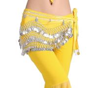 TYBGAU Boutique UK Sciarpa per Danza Del Ventre Con 248 Monete d'Argento, Cintura in Chiffon Con Frange per Performance Rave Costume Costumes de Danse Orientale(Geel)