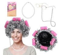 TYBYBB Kit de Deguisement Grand Mere 5 Pièces Perruque de Vieille Dame, Déguisement Vieille Dame, Grand-Mère Perruque pour Carnaval, Halloween, Cosplay, Mascarade, Mariage Fête (Gris Argent)