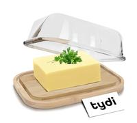 Tydi Beurrier en verre avec couvercle et base en bambou - 10,5 x 110 x 7 cm (capacité de 200 g jusqu'à 250 g) - Beurrier pour le stockage frais - Plat à fromage avec couvercle - Grand beurrier en