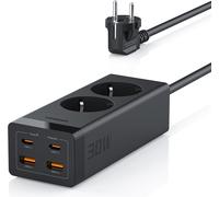 TYE-Multiprise USB C PD 30W, GaN USB C Charge Rapide, Prise Multiple avec 4 USB, Multiprise 2 Prises avec Rallonge Electrique 2M, Multiprise Parafoudre 3600W 16A, 6 en 1 Multiprise Bureau, Noir