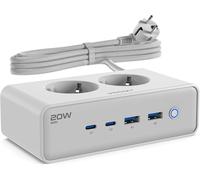 TYE-VOOMY Multiprise avec Interrupteur & USB-C 20W Rapide, 2 USB-C, 2 USB-A, 2 Prises Secteur, Rallonge Electrique 2m, Multiprise parafoudre et surtension, Multiprise USB c idéal comme Bureau multipr