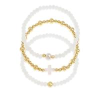 Tyebiva Lot de 3 bracelets en perles dorées avec croix pour femme, style bohème fait à la main, bracelet extensible en pierre naturelle pour vacances, bal de fin d'année., 7", Laiton, Pas de gemme