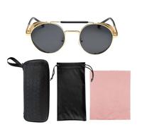 TYFGRT 1 Lunettes De Soleil Steampunk, 1 Étui À Lunettes, 1 Sac À Lunettes, 1 Tissu À Lunettes, Lunettes De Soleil À Monture Ronde Rétro, Lunettes De Soleil Polarisées, Lunettes De Soleil Unisexes