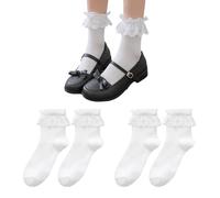 TYFGRT 2 Paires De Chaussettes Blanches, Chaussettes En Dentelle, Chaussettes Mi-Mollet Pour Femmes, Chaussettes À Volants, Chaussettes En Coton Doux Et Respirantes, Accessoires Vestimentaires