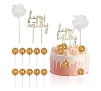 TYFGRT 2 Pièces De Décorations De Gâteau De Joyeux Anniversaire, 10 Pièces De Décorations De Boule d'or, Inserts d'anniversaire en Bois, Décorations De Fête d'anniversaire