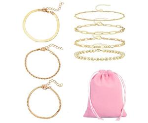 TYFGRT 7 Bracelets en Or, 1 Sac De Rangement De Bijoux, Bracelets en Or À Breloques pour Femmes, Décoration De Bracelet Empilable, Décoration D'Ensemble De Bijoux À Main, Accessoires Vestimentaires